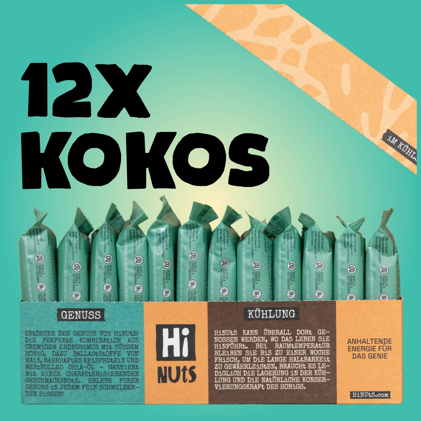 HiNUtS Lieblingsbox Kokos (12 Stück), cremiger Energieriegel mit Kokos, Erdnussmus und Honig