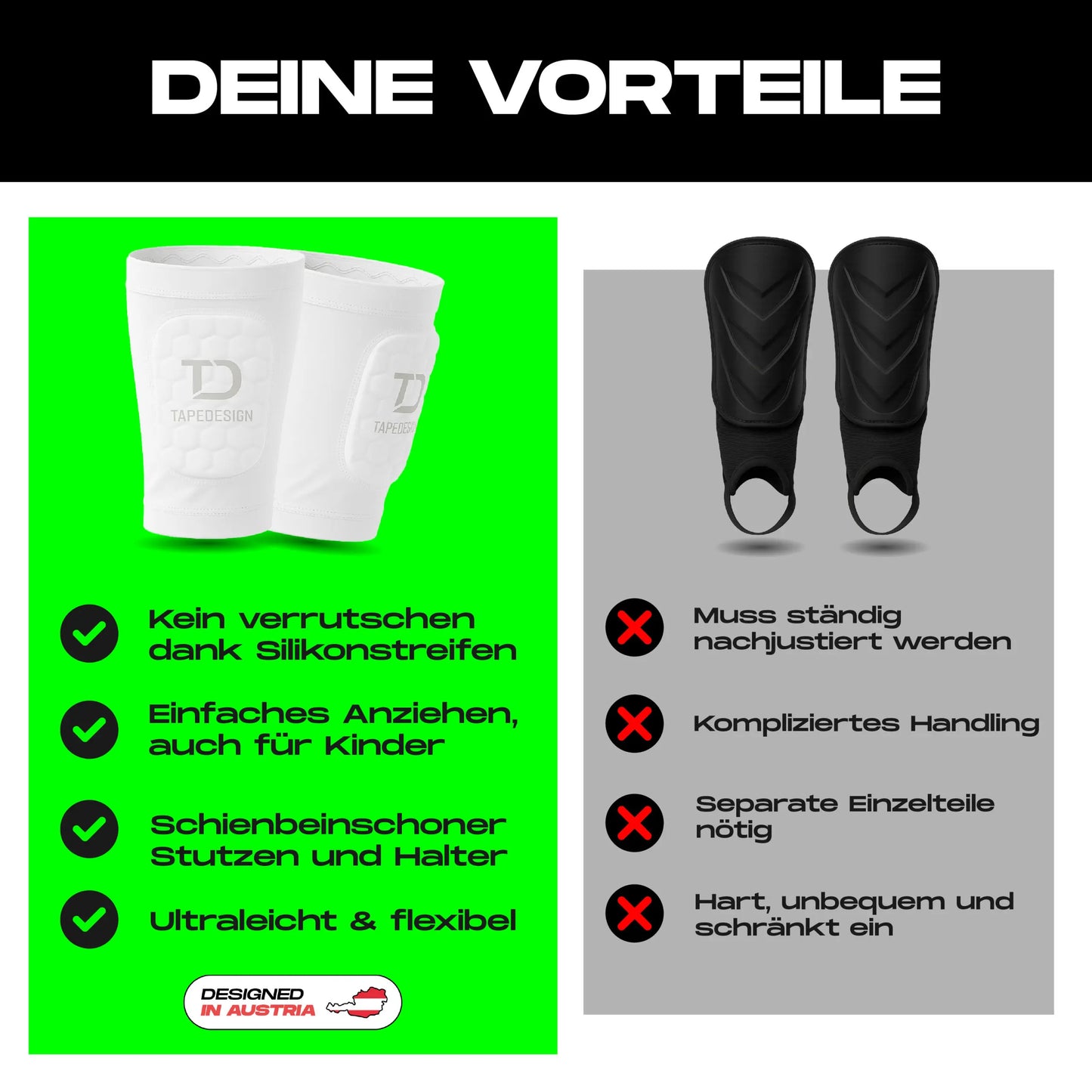 Tapedesign Schienbeinschoner Sleeve für Kinder, weiße Schienbeinprotektoren aus elastischem Material, für sicheren Fußballschutz