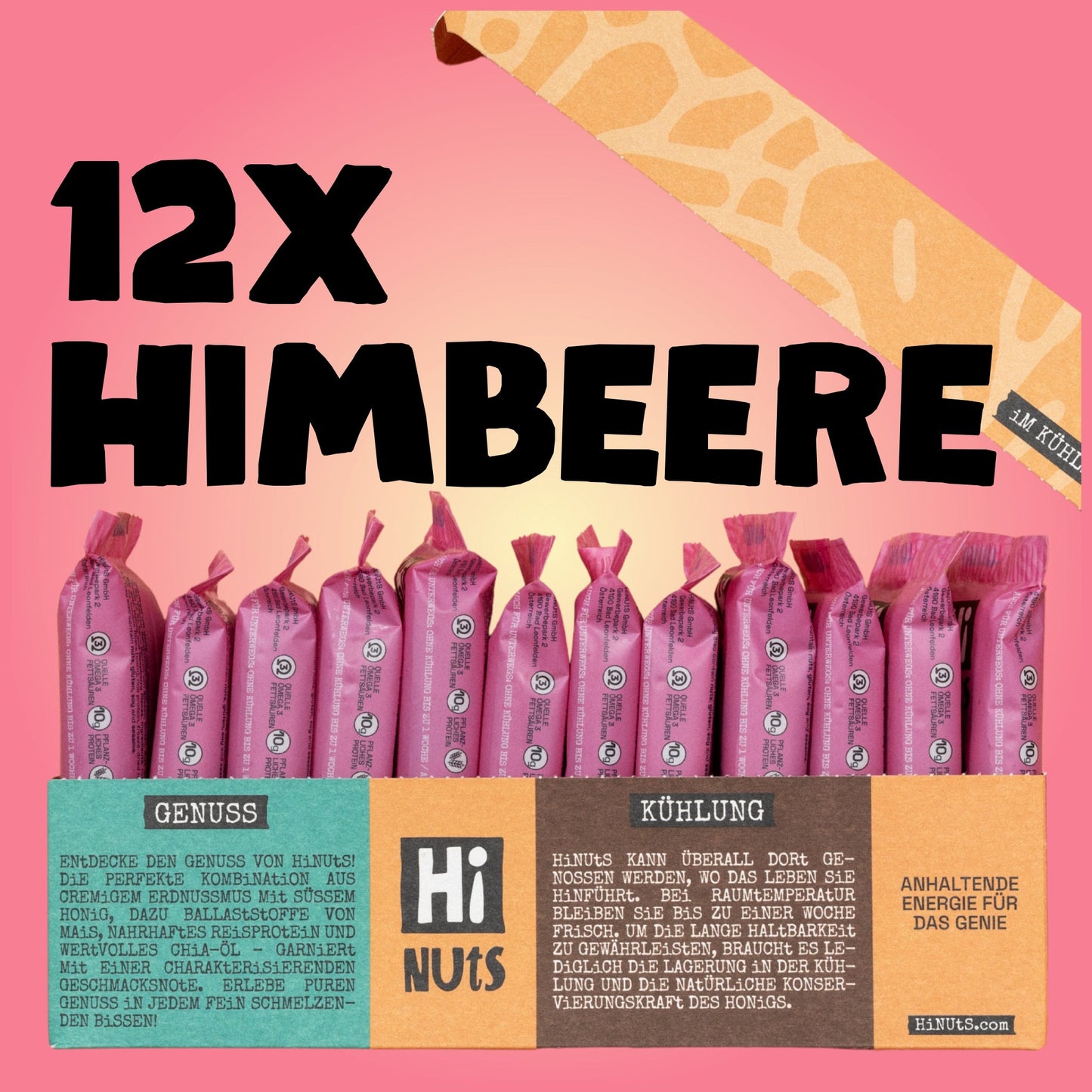 HiNUtS Lieblingspaket Himbeere (12 Stück), fruchtiger Energieriegel mit Himbeere, Erdnussmus und Honig