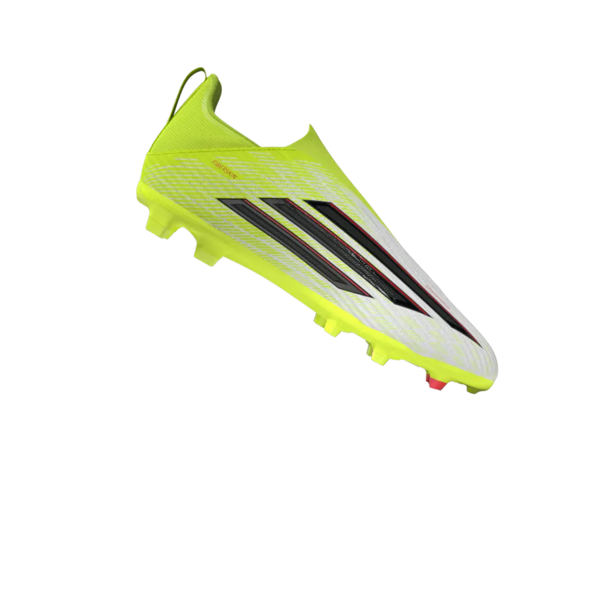 Adidas Kinderfußballschuhe F50 League LL FG/MG auf Rasen- und Kunstrasen, seitlich fotografiert, in schwarz mit weißen Details