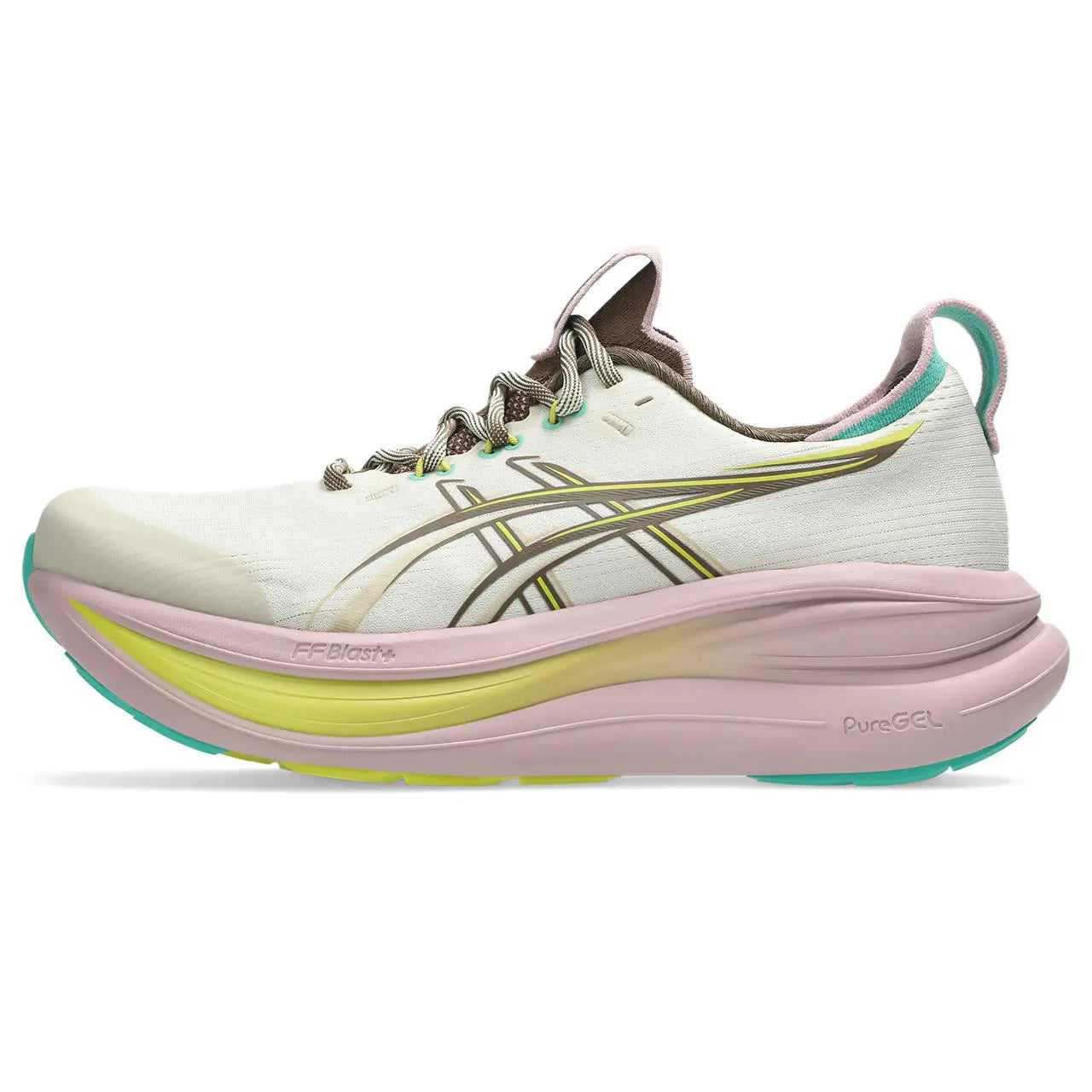 Asics Damenlaufchuhe Gel-Nimbus 28 TR, neutrale Damen-Neutrallaufschuhe in Blau mit gelber Sohle, seitliche Ansicht