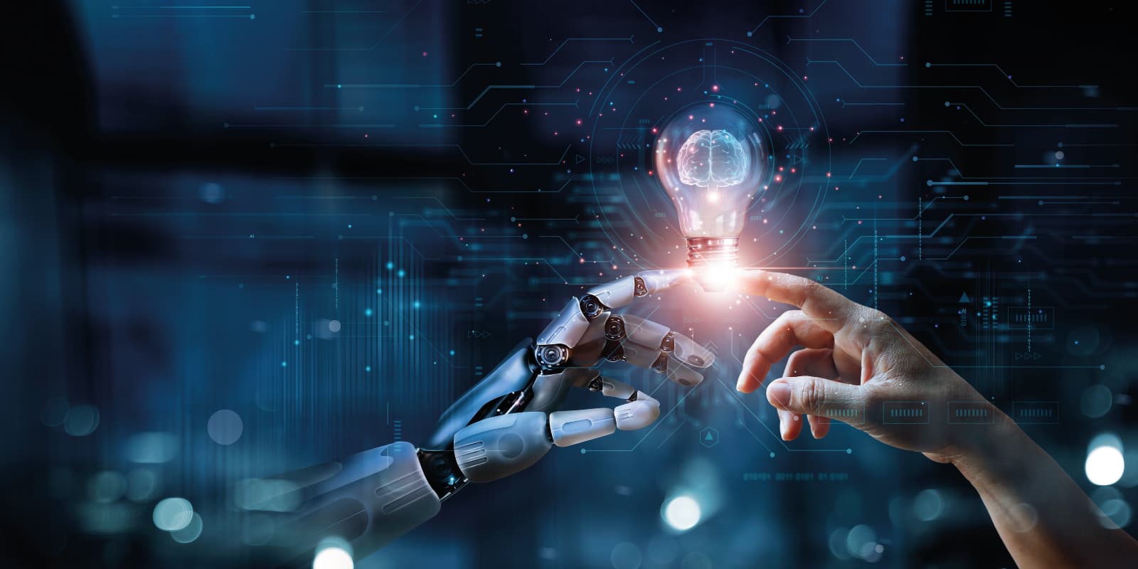 AI && KI, künstliche und maschinelle Hand treffen sich