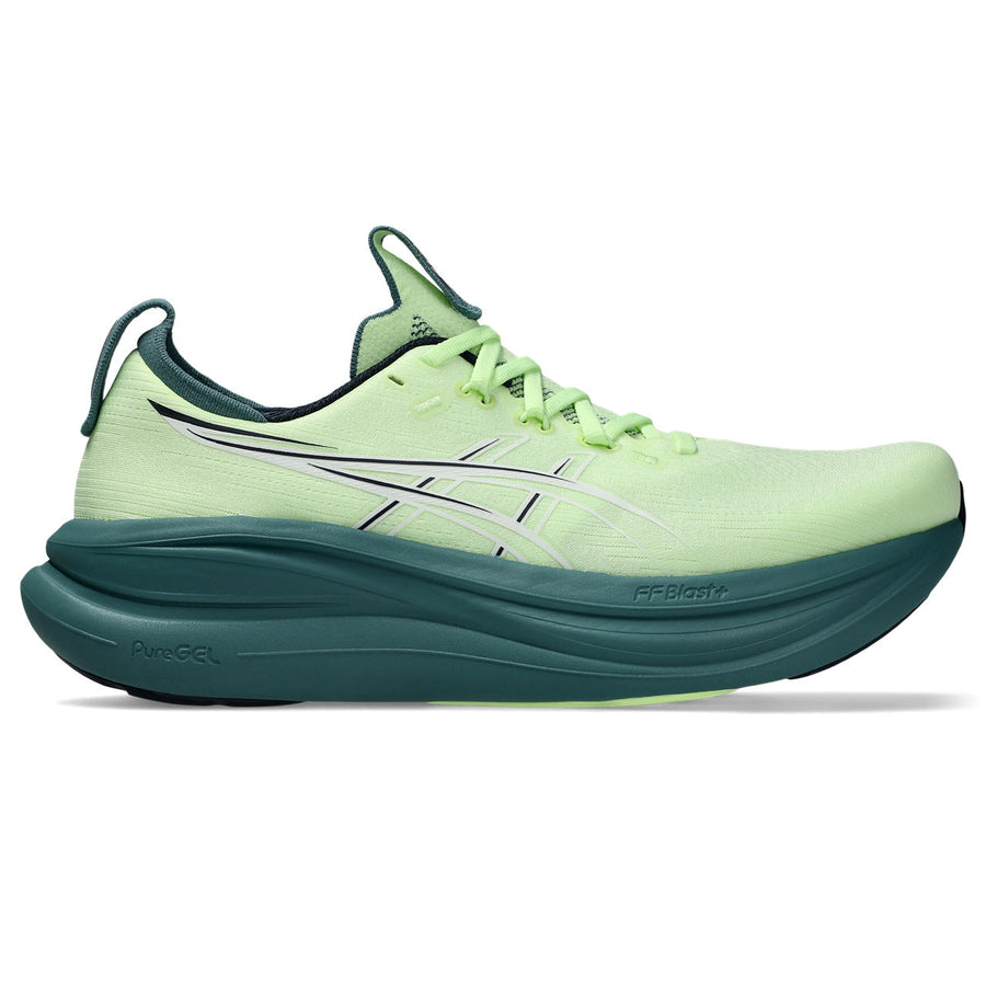 Asics Herrenlaufschuhe GEL-Nimbus 28 Illuminate Yellow/Foggy Teal, neutraler Komfort-Laufschuh mit maximaler Dämpfung - machsport
