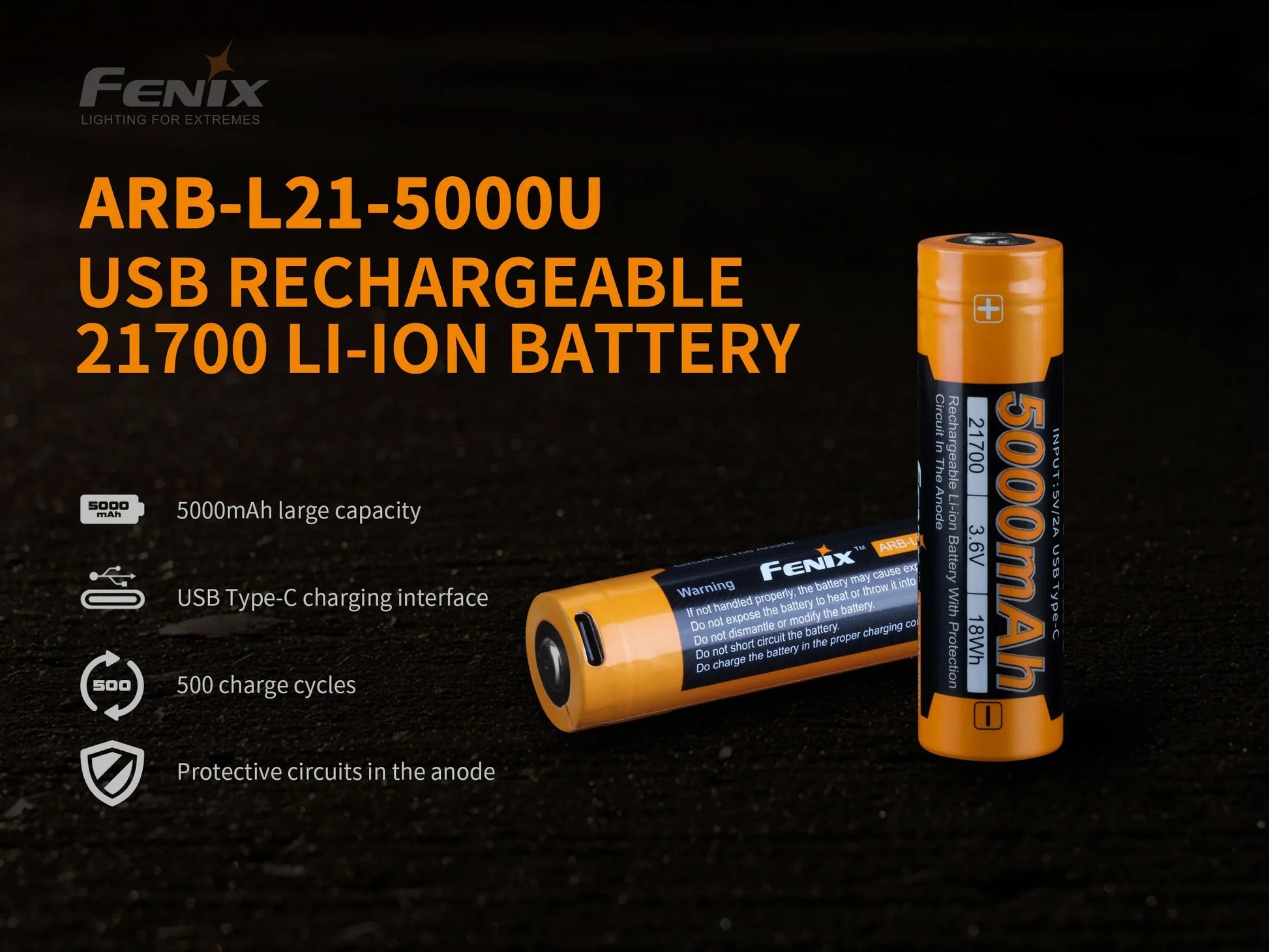 Fenix ARB-L21-5000U – 21700 Li-Ion Akku mit 5000 mAh, inkl. USB C Ladeanschluss – Bild 