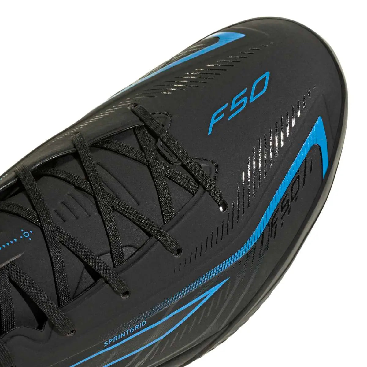 Adidas Hallenfußballschuhe F50 Hyperfast League IN, Core Black / Core Black / Lucid Ray Blue – Bild 