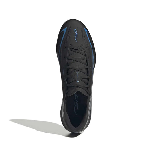 Adidas Hallenfußballschuhe F50 Hyperfast League IN, Core Black / Core Black / Lucid Ray Blue – Rückansicht – schwarz / 40 2/3