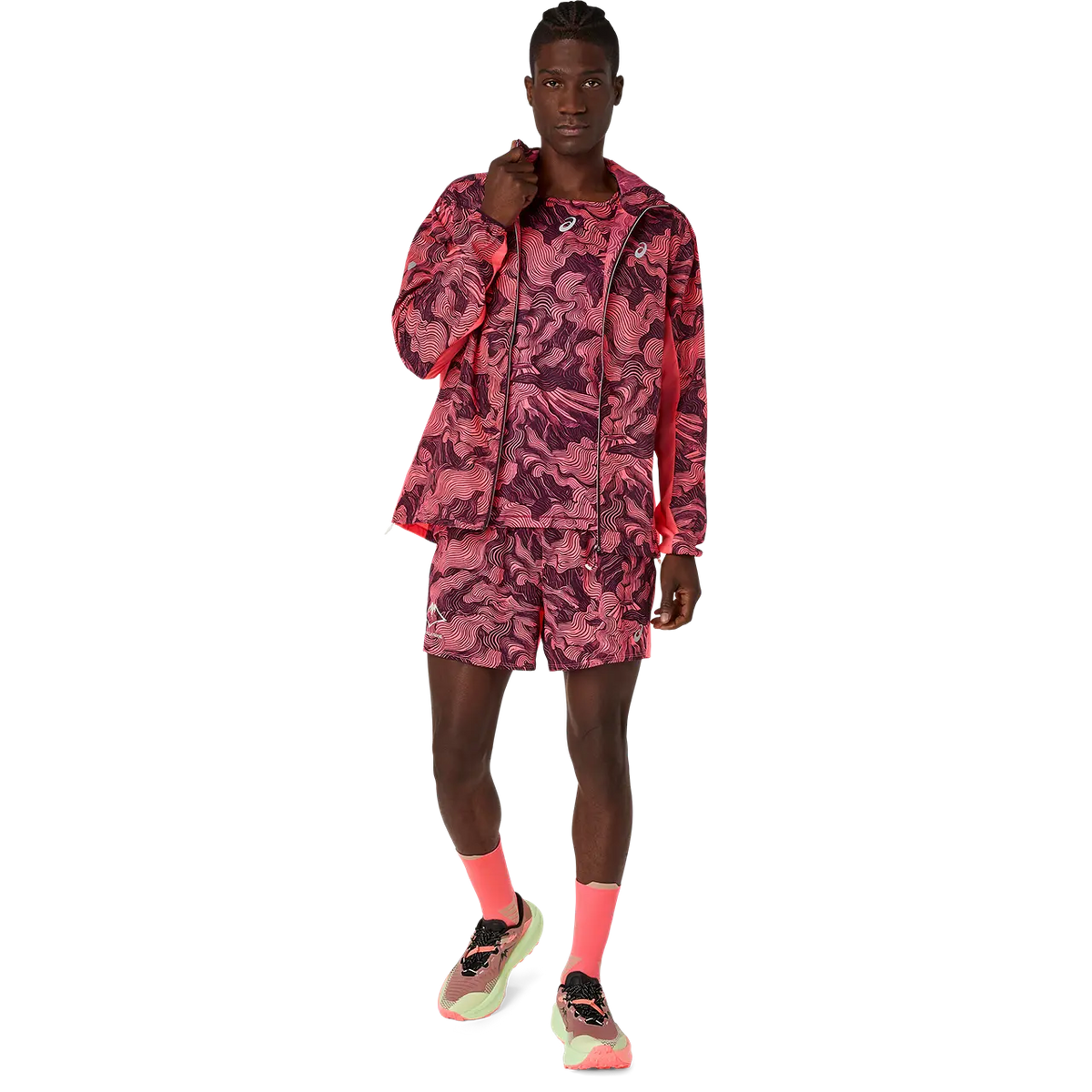 Asics Herrenlaufjacke Fujitrail Packable Jacket, Blazing Coral/Dark Aubergine