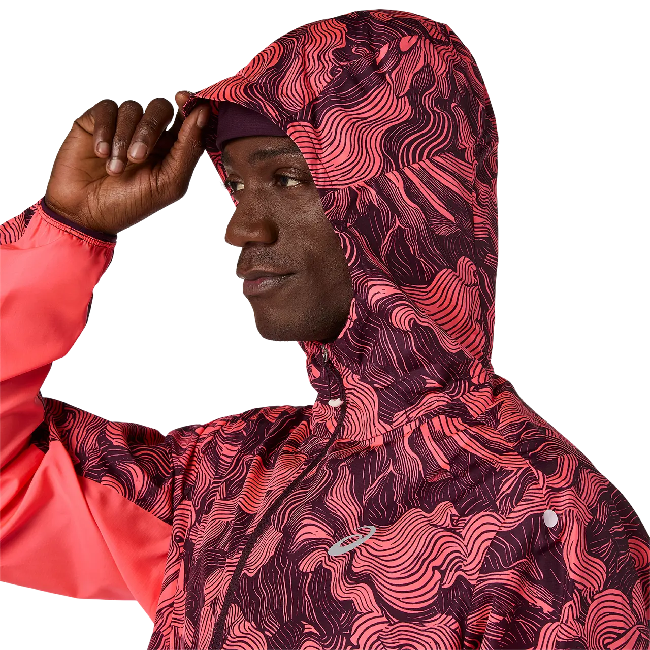 Asics Herrenlaufjacke Fujitrail Packable Jacket, Blazing Coral/Dark Aubergine – Bild 