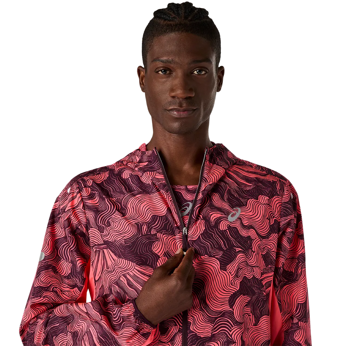 Asics Herrenlaufjacke Fujitrail Packable Jacket, Blazing Coral/Dark Aubergine – Bild 