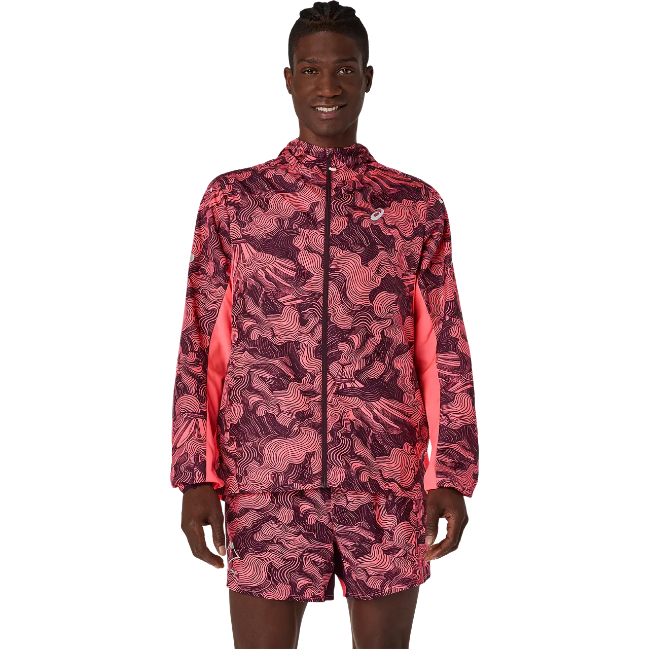 Asics Herrenlaufjacke Fujitrail Packable Jacket, Blazing Coral/Dark Aubergine