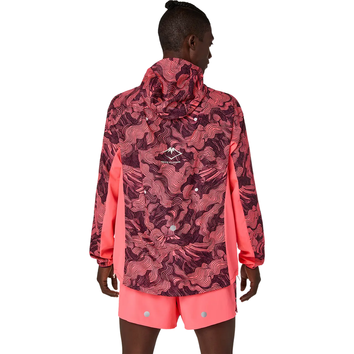 Asics Herrenlaufjacke Fujitrail Packable Jacket, Blazing Coral/Dark Aubergine – Bild 