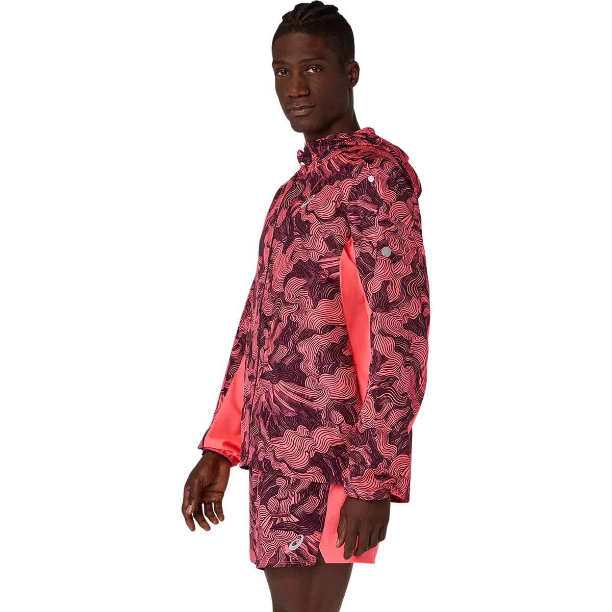 Asics Herrenlaufjacke Fujitrail Packable Jacket, Blazing Coral/Dark Aubergine – Bild 