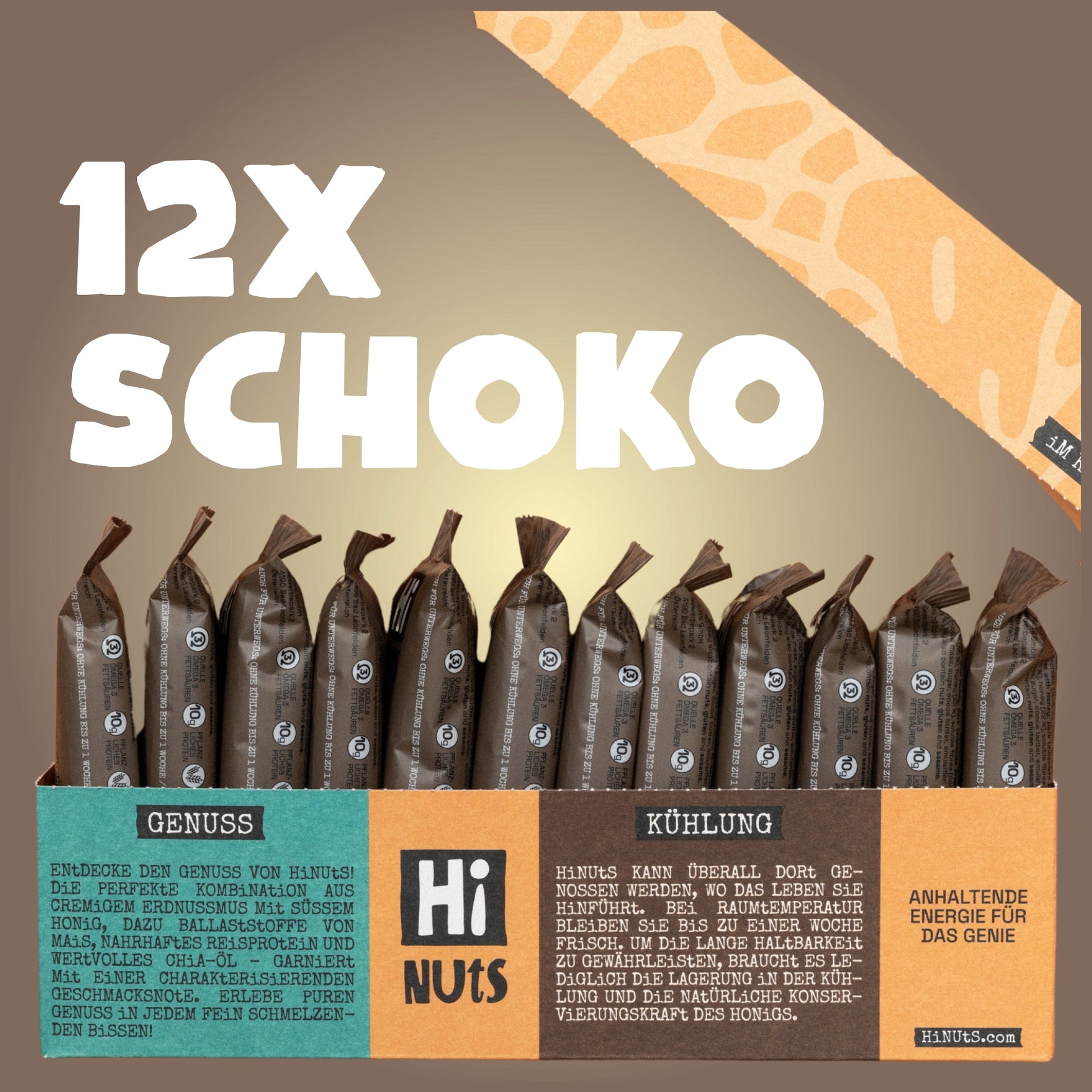 HiNUtS Lieblingsbox Schoko (12 Stück), dunkler Energieriegel mit Schokotropfen, Erdnussmus und Honig – Bild 