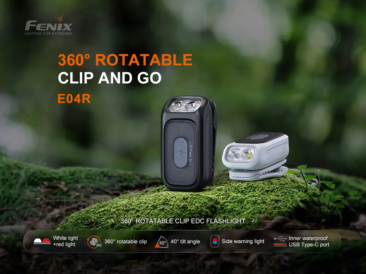 Fenix E04R Minilicht mit 360° drehbarem Clip, 400 Lumen – Bild 