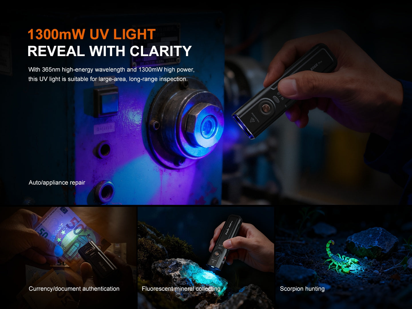 Fenix E06R Pro drei Lichtquellen, UV-Licht und Laserpointer, 1600 Lumen – Bild 