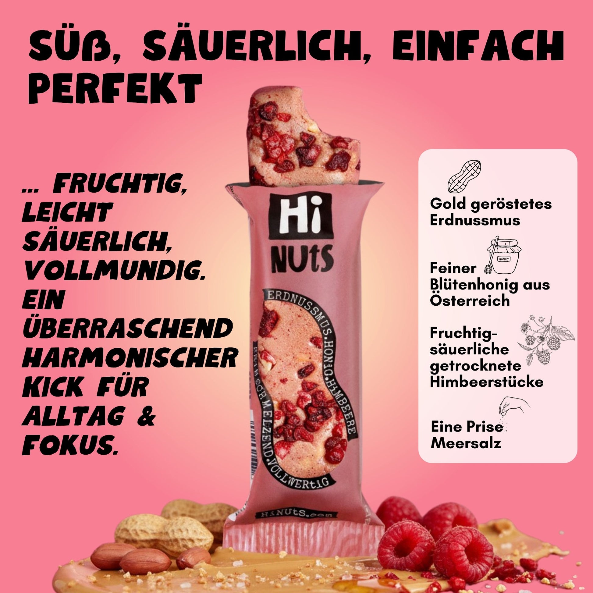 HiNUtS Lieblingspaket Himbeere (12 Stück), fruchtiger Energieriegel mit Himbeere, Erdnussmus und Honig – Bild 