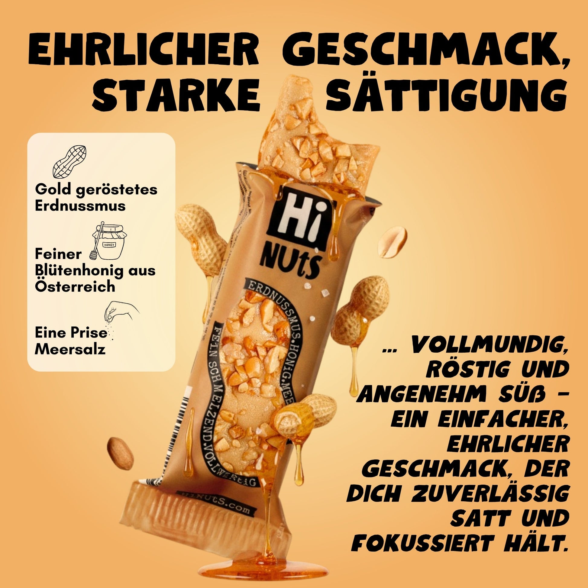 HiNUtS Lieblingspaket Erdnuss (12 Stück), Energie-Riegelpaket mit geröstetem Erdnussmus und Honig – Bild 