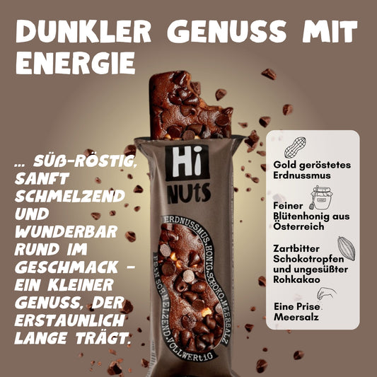 HiNUtS Lieblingsbox Schoko (12 Stück), dunkler Energieriegel mit Schokotropfen, Erdnussmus und Honig – Default Title