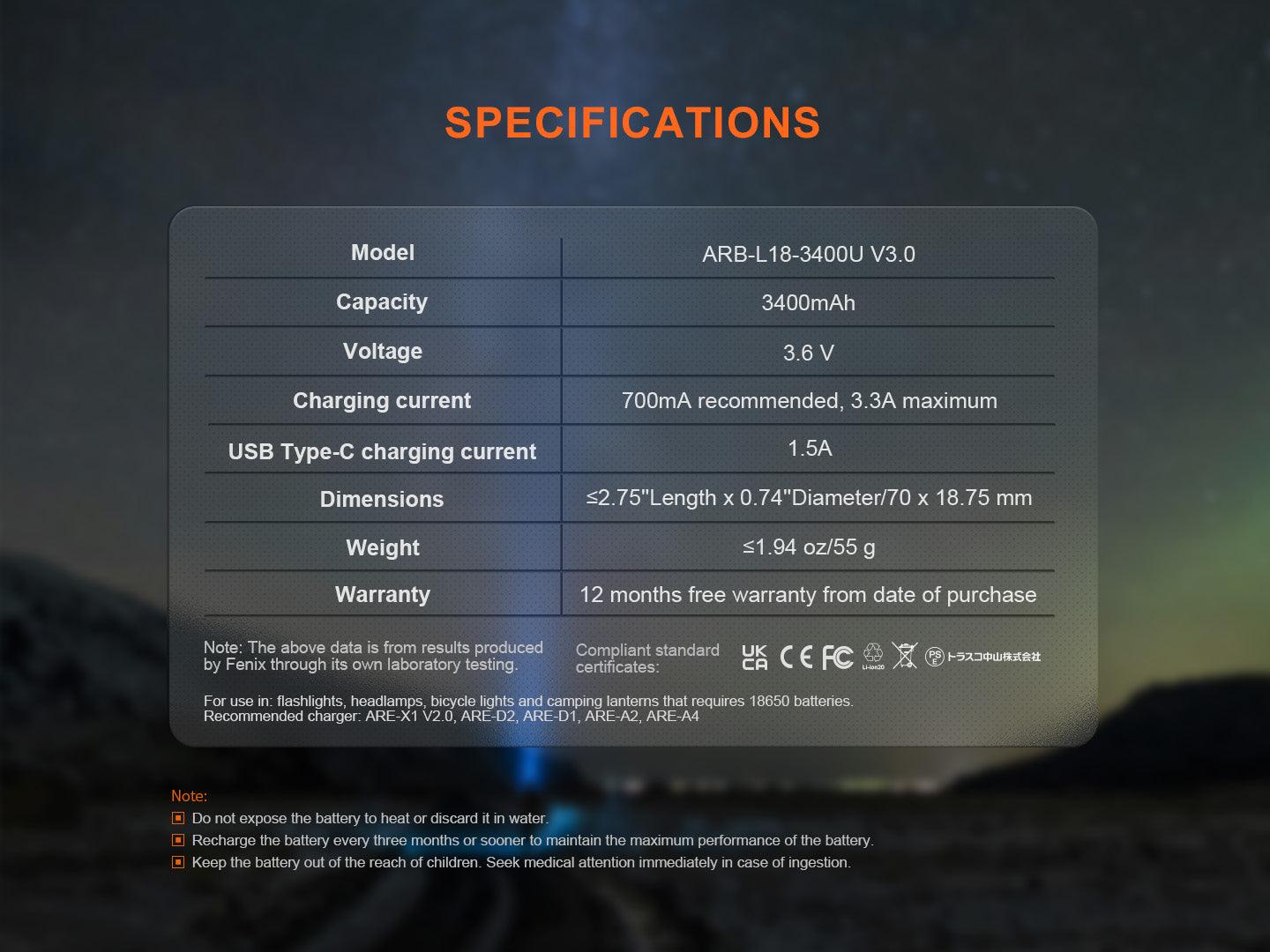 Fenix ARB-L18-3400U V3.0 - USB-Akku 18650 (3400 mAh, Version 3.0) – Bild 