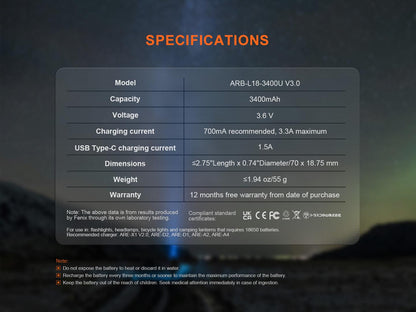 Fenix ARB-L18-3400U V3.0 - USB-Akku 18650 (3400 mAh, Version 3.0)