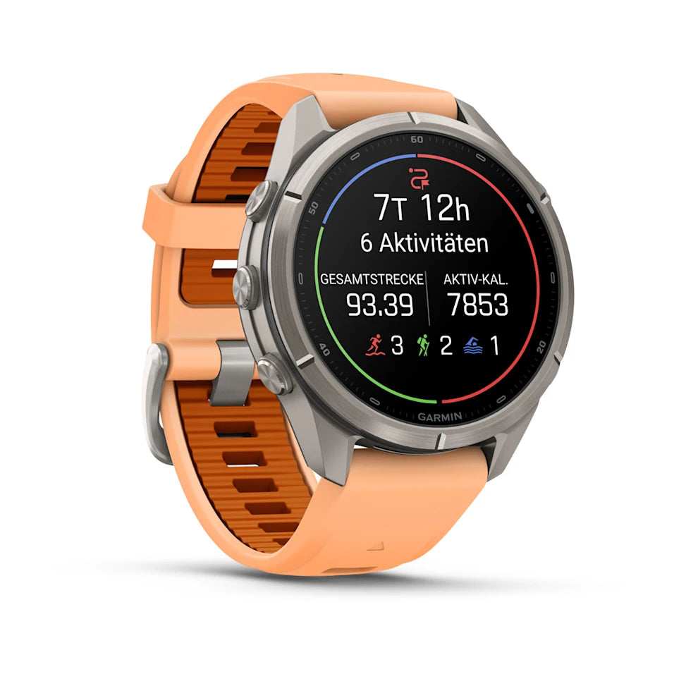 Garmin Fēnix® 9 Pro – inReach®, 43mm Titan mit Silikon-Armband Shell Pink/Autumn Orange – Bild 