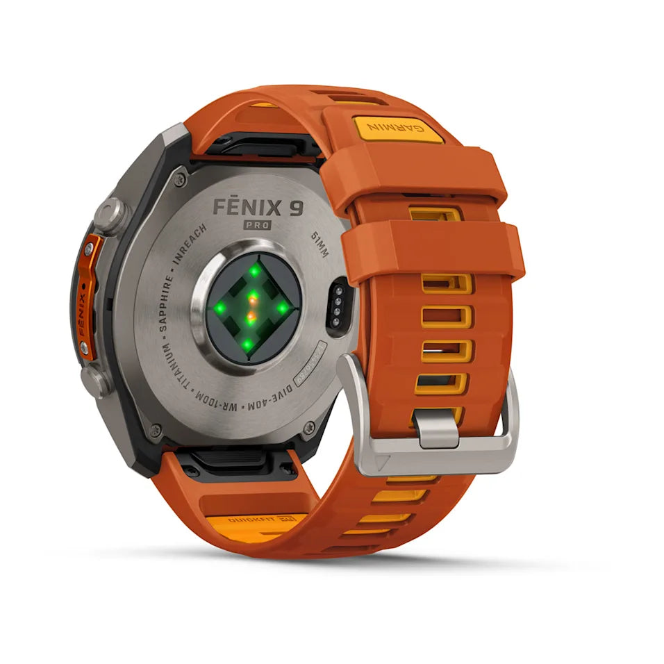 Garmin Fēnix® 9 Pro – inReach®, 51mm Titan mit Silikon-Armband Autumn Orange/Spark Orange – Bild 