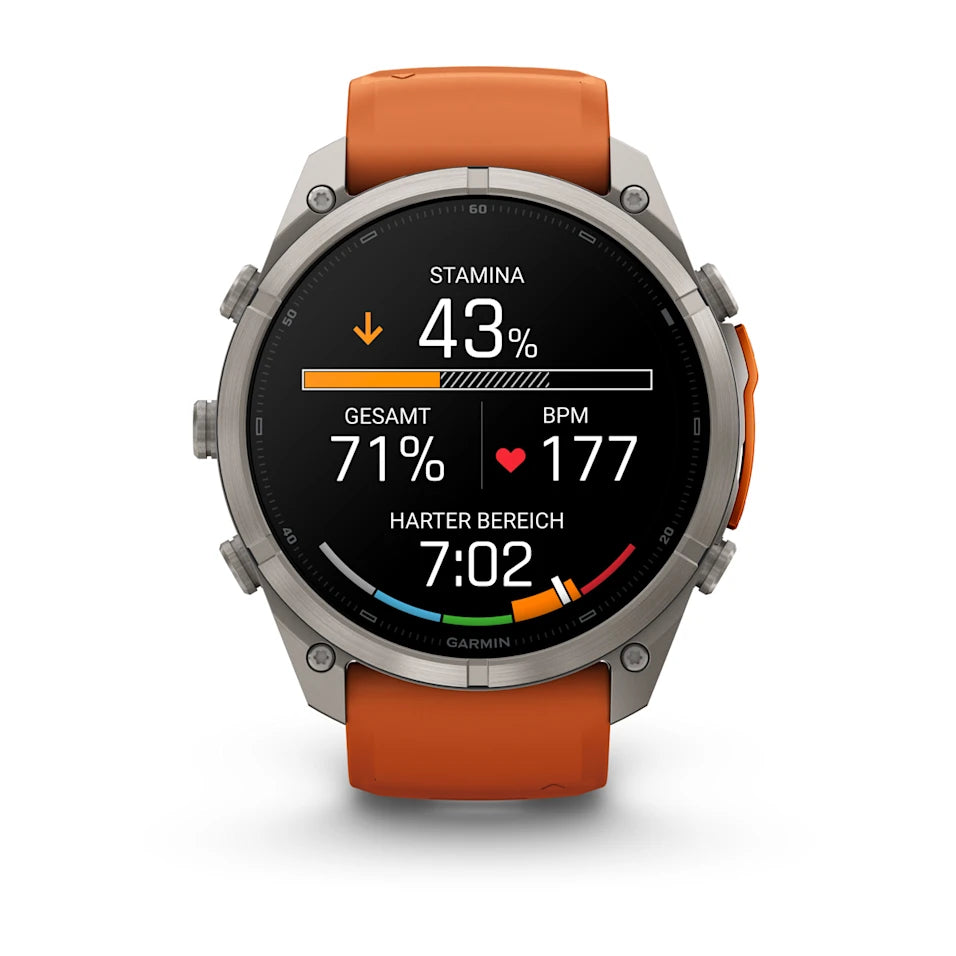 Garmin Fēnix® 9 Pro – inReach®, 51mm Titan mit Silikon-Armband Autumn Orange/Spark Orange – Bild 
