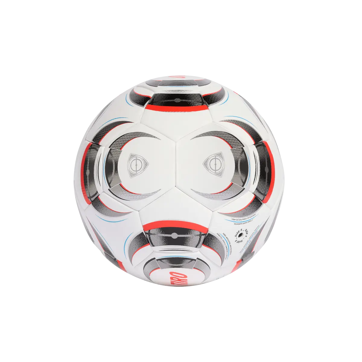 Adidas Fußball Tiro Pro, runder Fußball mit weißen, schwarzen und roten Mustern, Blick von hinten, auf glattem Hintergrund.