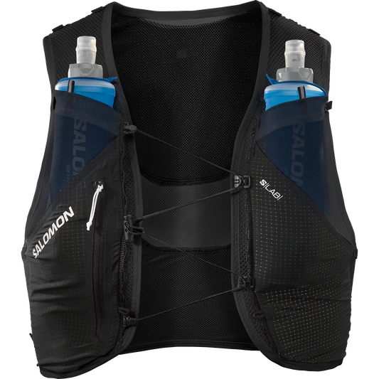 Salomon Laufweste mit Flasks S Lab Pulsar 3 Set, ultraleichte Trailrunning Weste mit 3L Volumen und integrierten Softflasks – schwarz / M