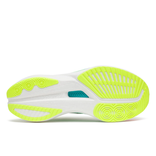 Saucony Damenlaufschuhe Endorphin Speed 5, white/multi – Rückansicht – weiss/gelb / 37,5