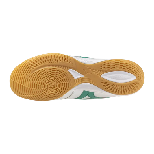 Mizuno Hallenfußballschuhe Morelia Sala Pro IN, White/arcadia/lava Orange – Rückansicht – weiß/mint / 39