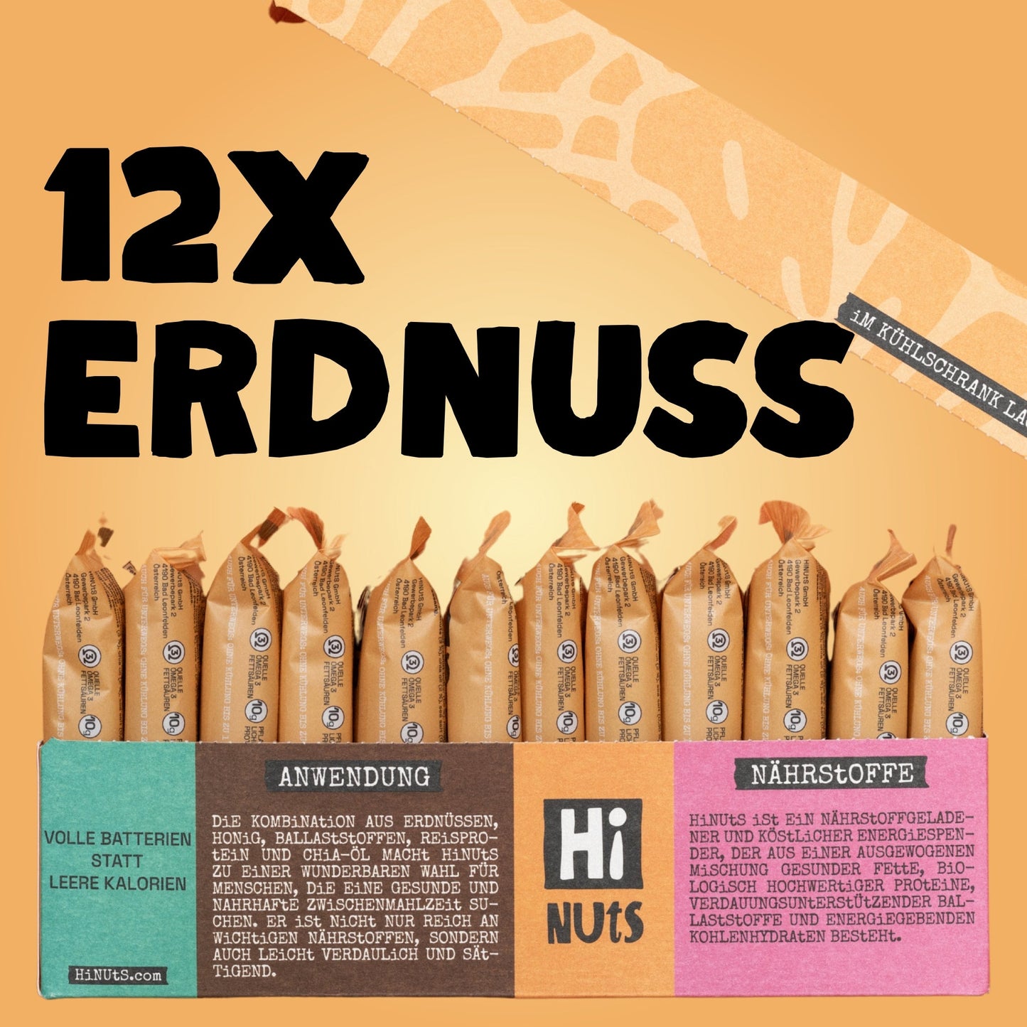 HiNUtS Lieblingspaket Erdnuss (12 Stück), Energie-Riegelpaket mit geröstetem Erdnussmus und Honig