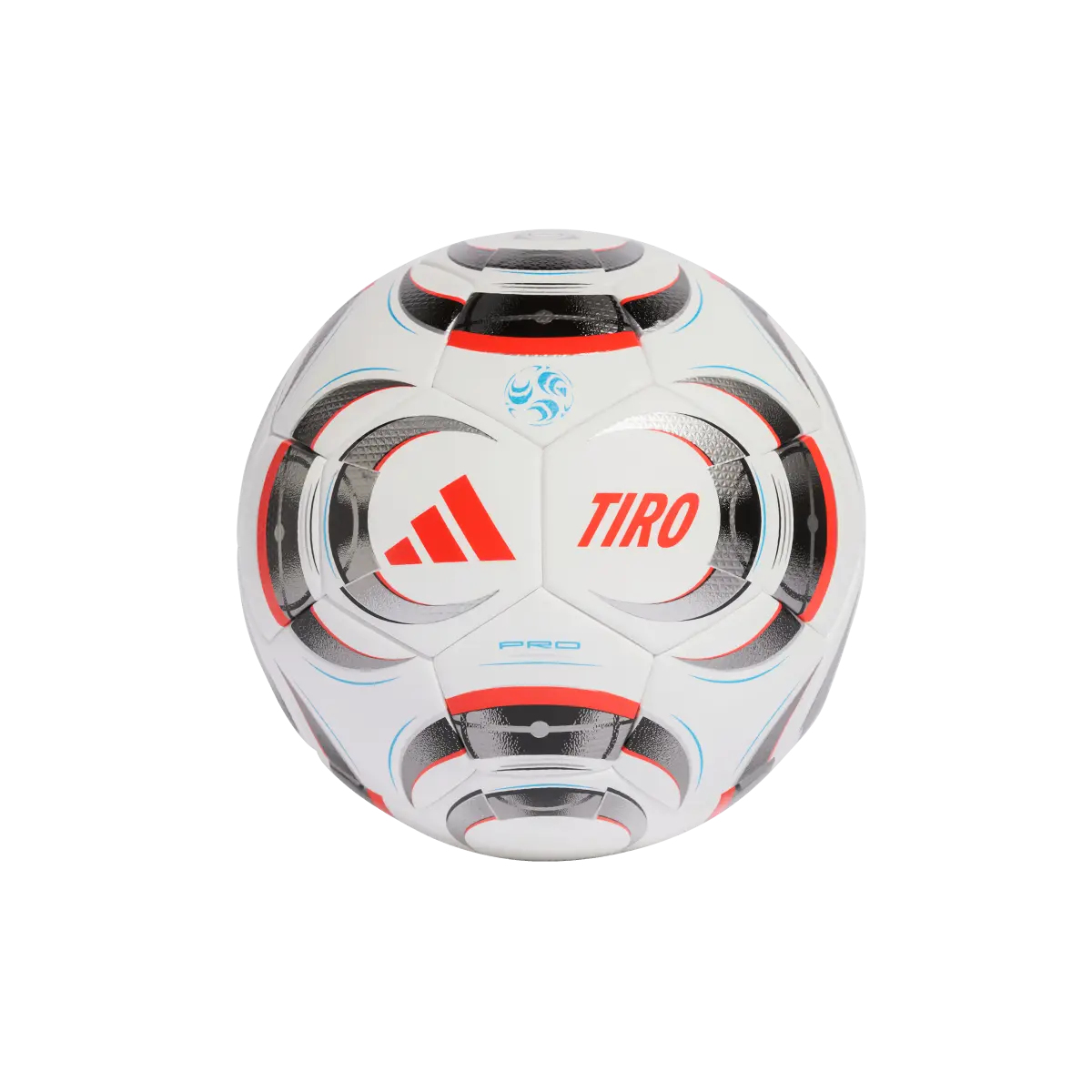 Adidas Fußball Tiro Pro, moderner Fußball mit weißem Design, Nahaufnahme der Vorderseite auf transparentem Hintergrund