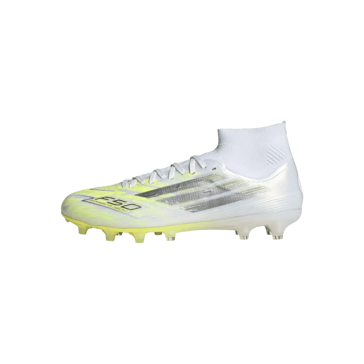 Adidas Fußballschuhe F50 Sparkfusion Pro FG/AG, Rasen- und Kunstrasenfußballschuhe, seitliche Ansicht, transparente Hintergrund.