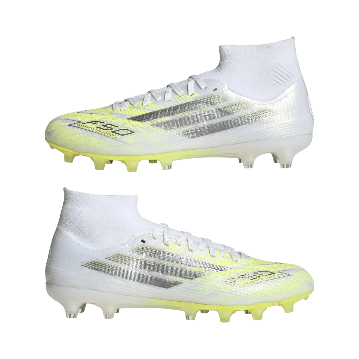 Adidas Fußballschuhe F50 Sparkfusion Pro FG/AG auf Rasen und Kunstrasen, spiegelbildlich dargestellt, mit transparentem Hintergrund – Bild 