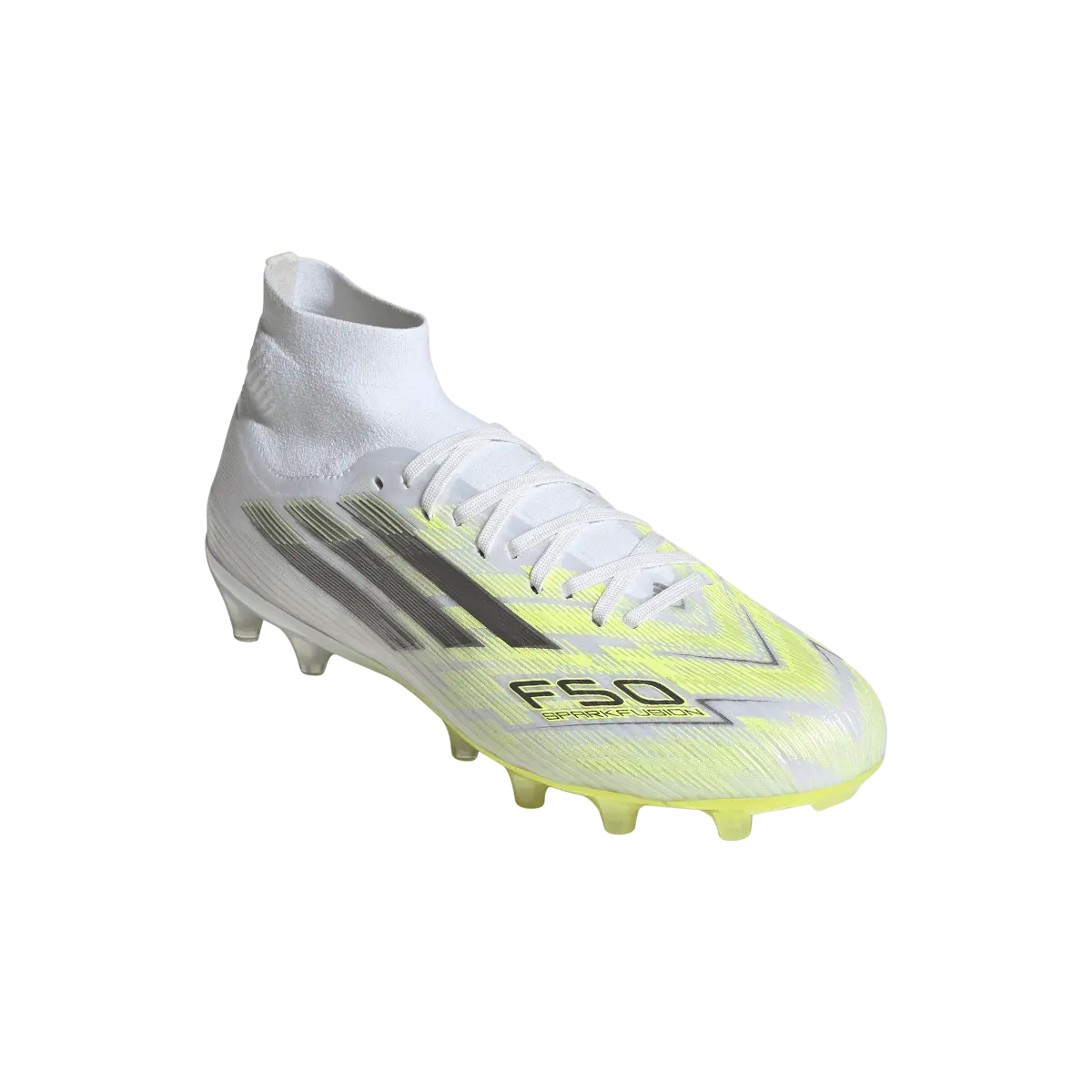 Adidas Fußballschuhe F50 Sparkfusion Pro FG/AG für Rasen und Kunstrasen, Vorder- und Seitenansicht, transparentem Hintergrund