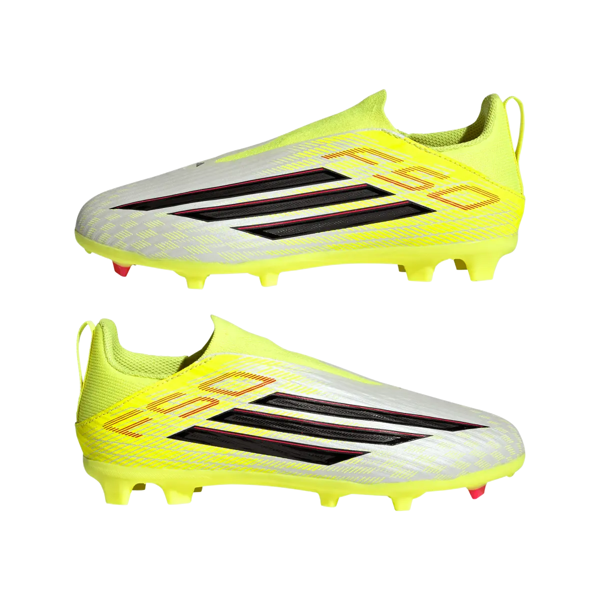 Adidas Kinderfußballschuhe F50 League LL FG/MG auf Rasen- und Kunstrasen, seitliche Ansicht, transparentes Bild