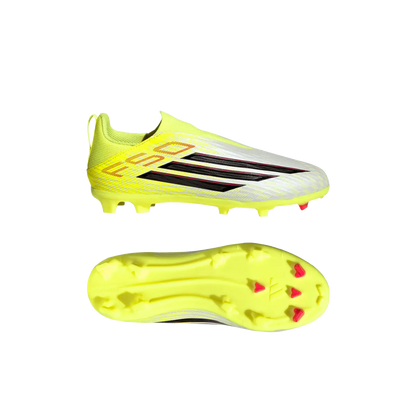 Adidas Kinderfußballschuhe F50 League LL FG/MG, Rasen- und Kunstrasenschuhe, seitliche Ansicht mit Sohle und Obermaterial