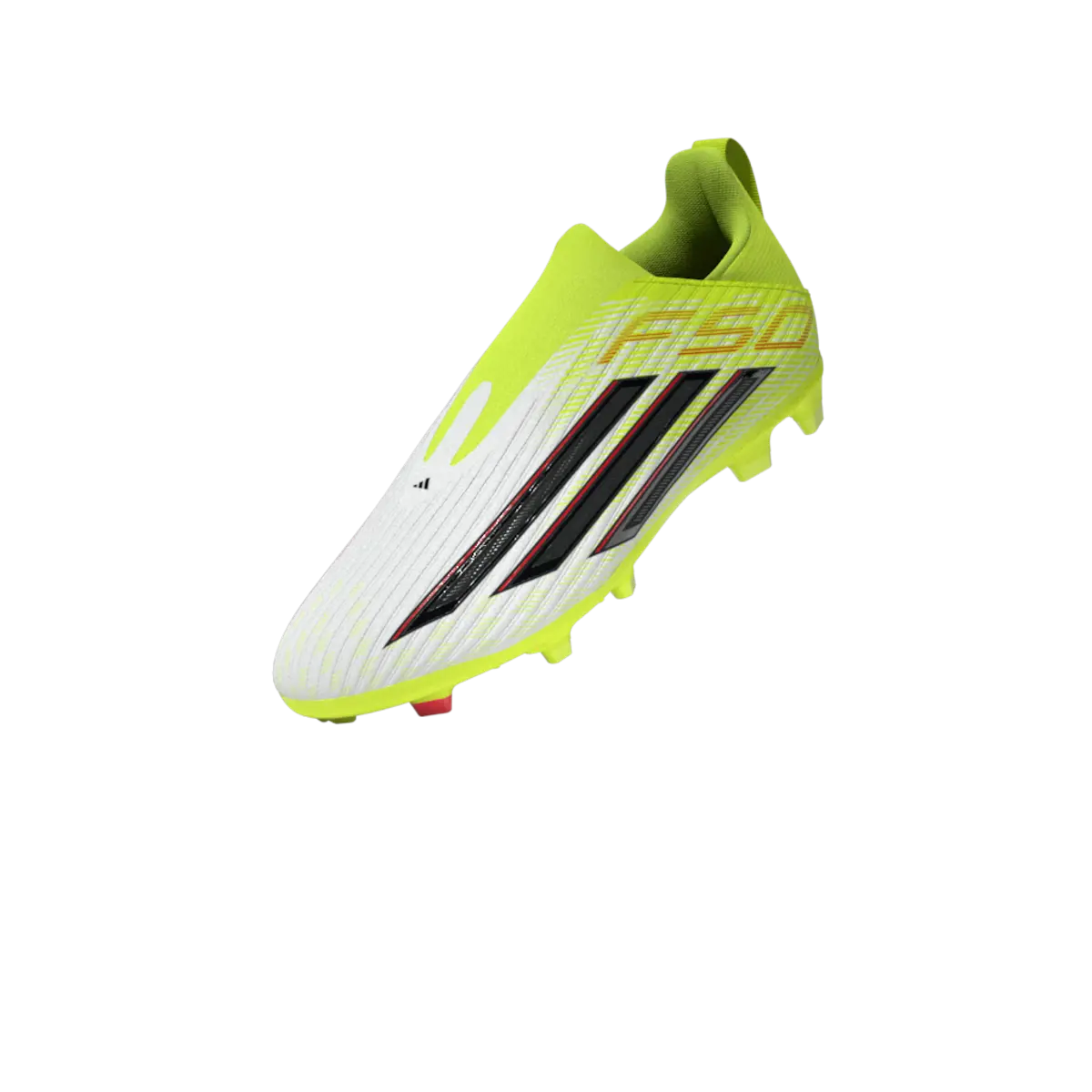 Adidas Kinderfußballschuhe F50 League LL FG/MG für Rasen und Kunstrasen, seitliche Ansicht, reflektierende Details, transparente Oberfläche