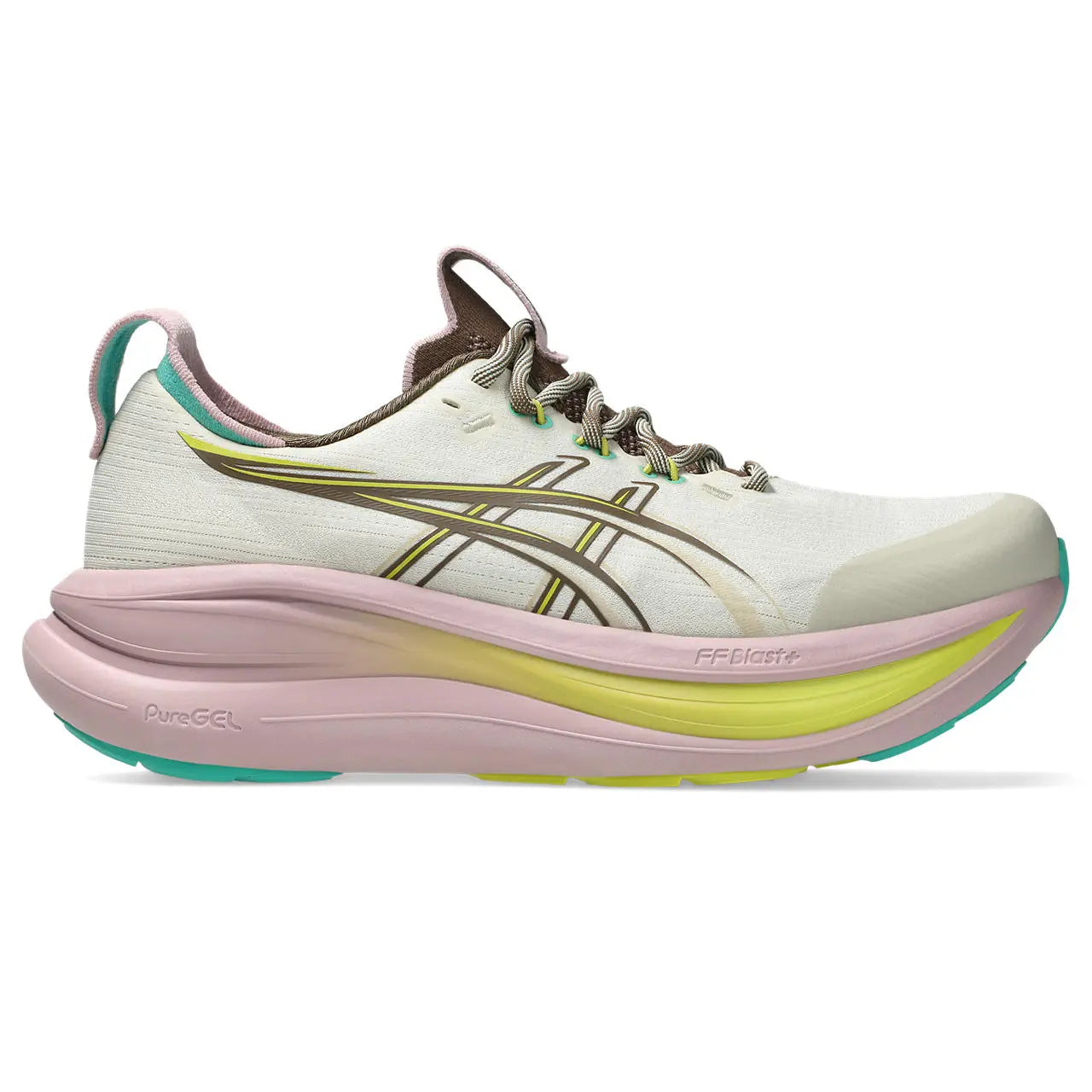 Asics Damenlaufschuhe Gel-Nimbus 28 TR, neutrale Laufschuhe, seitliche Ansicht, weiße und blaue Farbgestaltung
