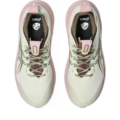 Asics Damenlaufschuhe Gel-Nimbus 28 TR, neutrale Laufschuhe für Damen, seitliche Ansicht mit atmungsaktivem Mesh und Dämpfung.