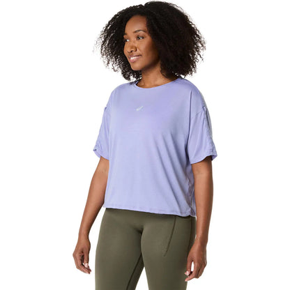 Asics Damenlaufshirt Nagino Run Adjustable SS Top, bequemes, atmungsaktives Laufshirt für Damen in Grün und Schwarz.
