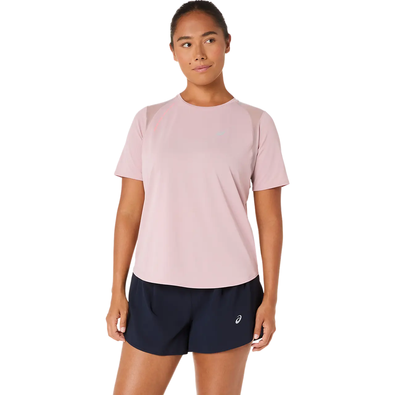 Asics Damenlaufshirt Road SS Top, leichtes atmungsaktives Laufshirt für Damen, sportliches Design, weiß mit blauen Akzenten – Bild 