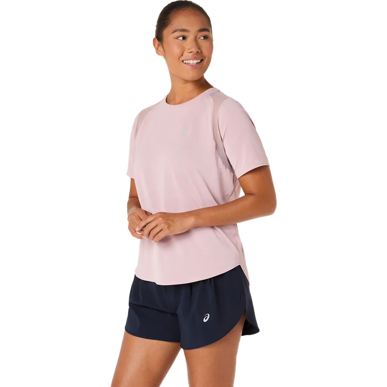 Asics Damenlaufshirt Road SS Top aus atmungsaktivem Stoff, leichtes sportliches Damen-Laufshirt in Blau, seitliche Reflektorstreifen – Bild 