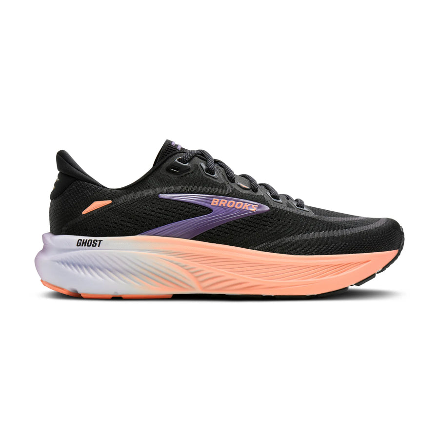 Brooks Damenlaufschuhe Ghost 18 Black/Mulled Grape/Peach, neutraler Straßenlaufschuh mit ausgewogener Dämpfung - machsport