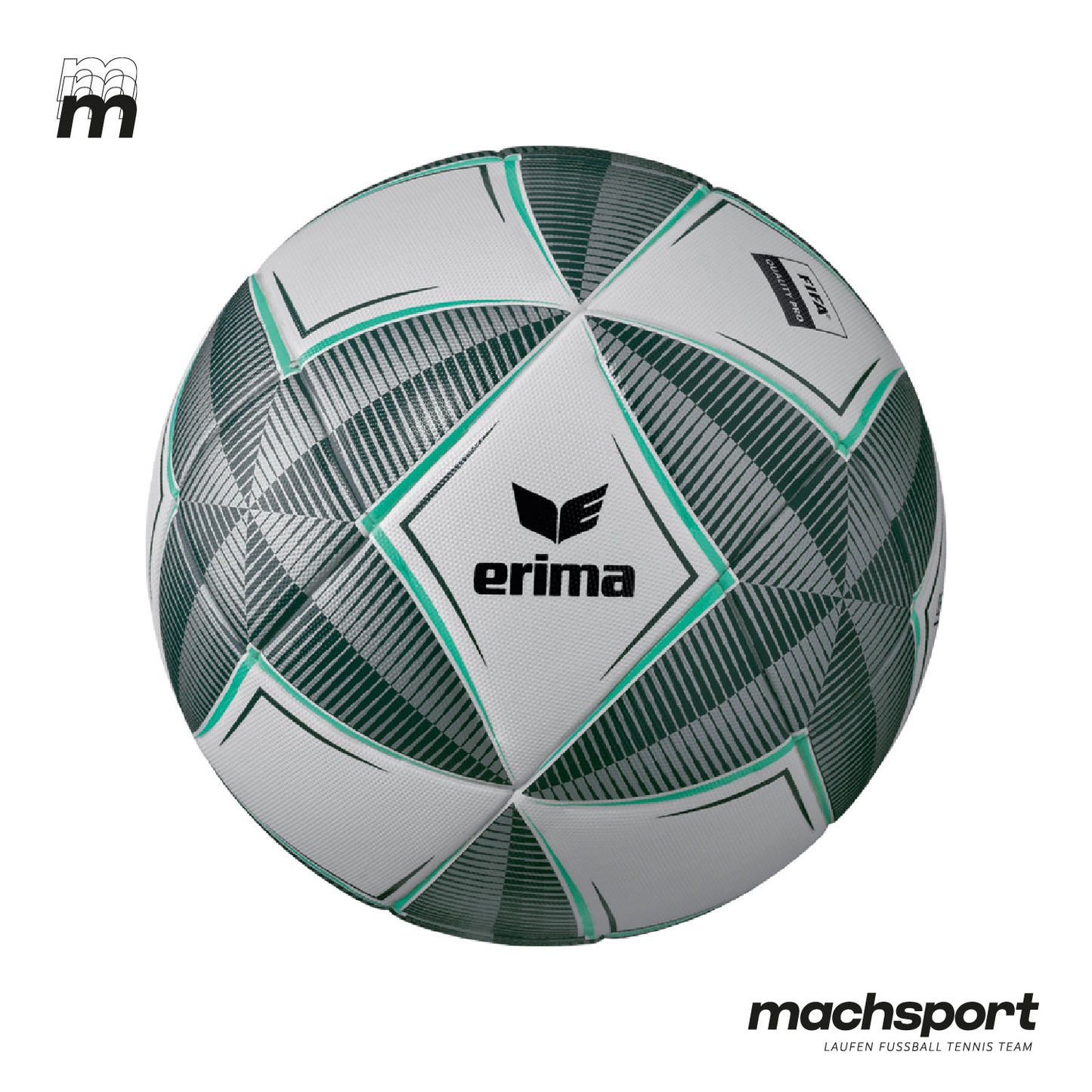 Erima Fußball Senzor-Star Pro, Größe 5, liegt auf einem Spielfeld, zeigt das glatte, schwarze Design mit weißem Erima-Logo.