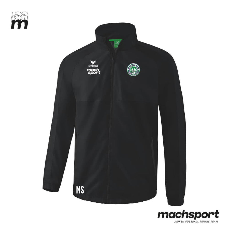 Erima Teamsport Regenjacke FNZ Linz Süd in dunklem Farbton, wasserabweisend mit Kapuze und Reißverschluss.