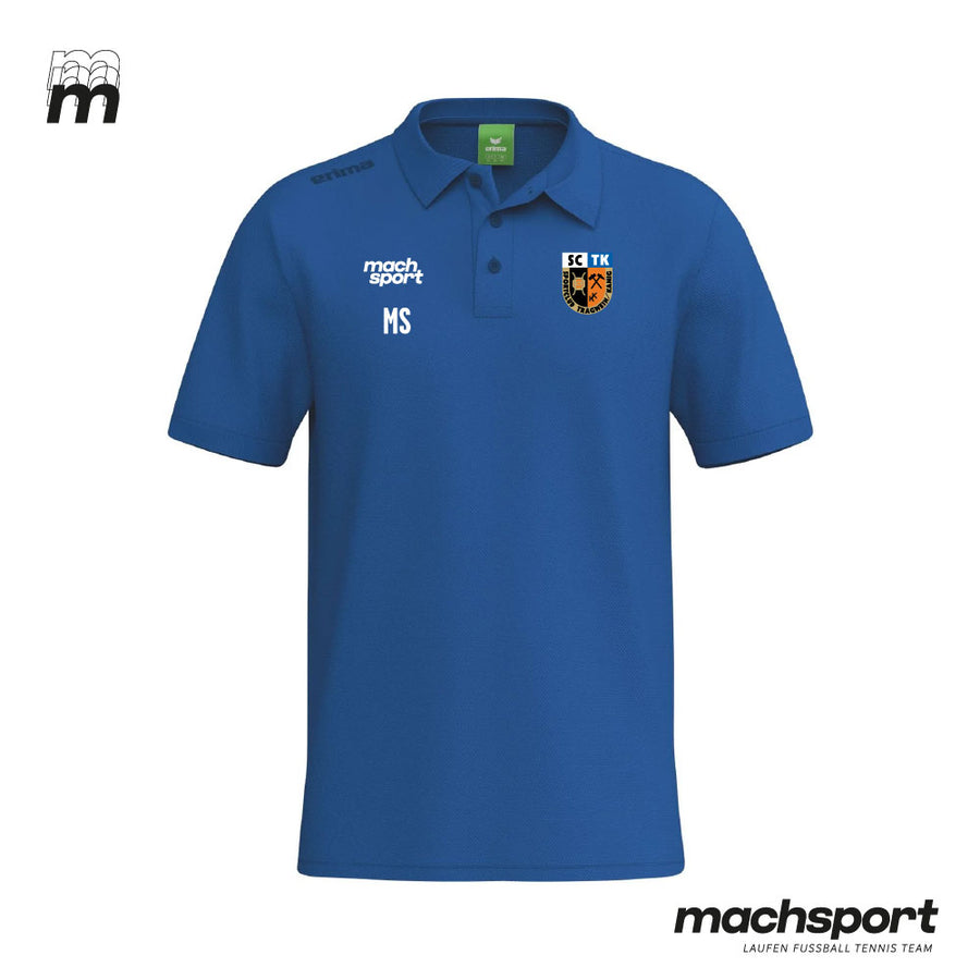 Blaue Erima Teamsport Freizeitpolo für den SV Tragwein/Kamig, sportliches Trikot mit Logo und Frontdetails, Nahaufnahme