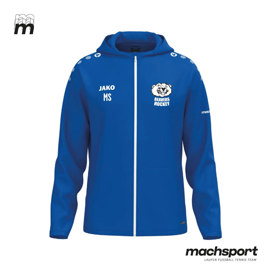 Beavers Hockey Trainingsjacke mit Kapuze von Jako, Teamsport, schwarze Jacke mit Logo und Kapuzenverschluss, sportliches Design