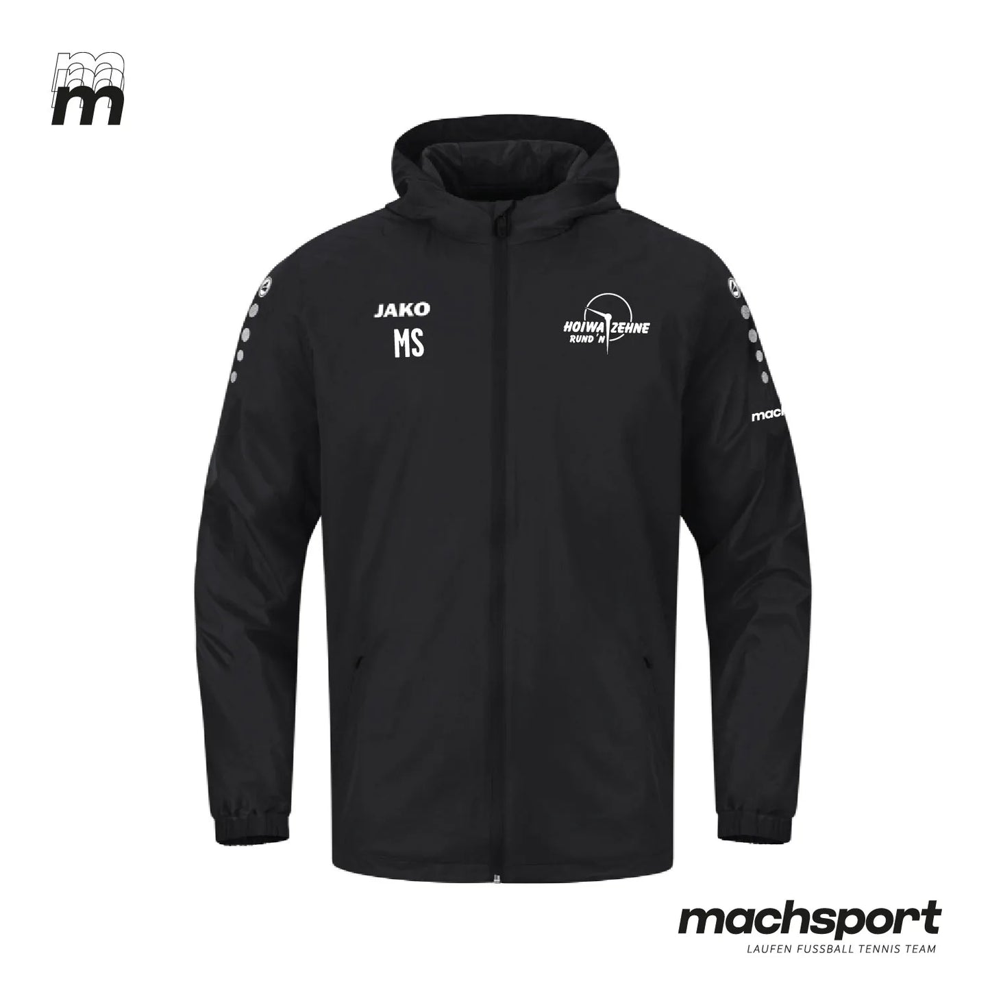 Jako Hoiwa Zehne Rund'n Teamsport Regenjacke in Schwarz mit weißen Details, wasserdicht und atmungsaktiv, ideal für Outdoor-Aktivitäten